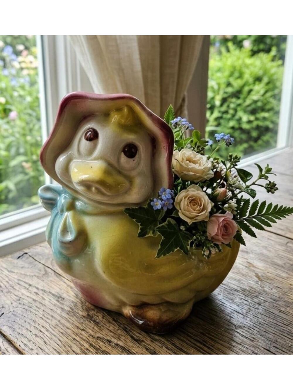 Vintage American Bisque Duck Planter Bonnet Blue Bow Mid-Century Pottery 5"